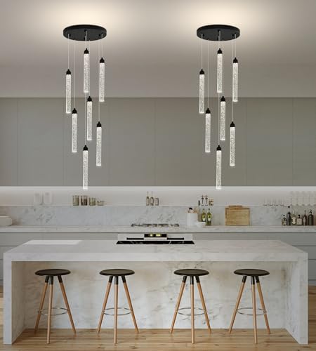 7 Lights High Ceiling Crystal Staircase Chandelier Black Pendant Lights Modern Spiral Raindrop Dimmable LED Bubble Cluster Ceiling Hanging Lighting Fixture for Foyer Living Room Remote Control (Black / 7 lights)