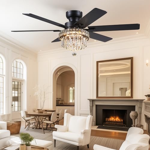 52" Low Profile Crystal Ceiling Fans with LED Lights and Remote (Black-52IN-5019)