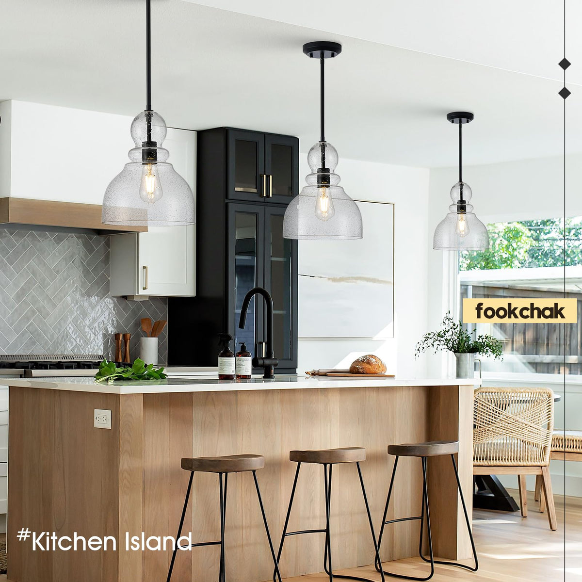 10" Seeded Glass Pendant Lights Kitchen Island Black Pendant Ceiling Light with Hand (Black Seeded)