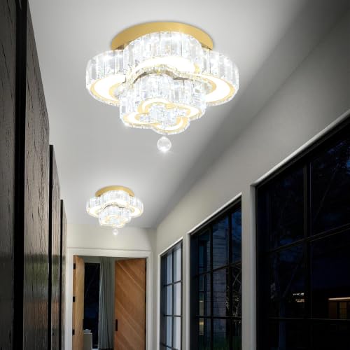 Dia 12'' Mini Crystal Chandeliers Modern LED Chandelier Flush Mount Crystal Ceiling Lights Fixture Modern Pendant Light for Living Room Foyer Entryway Gold (Gold / Dia 12")