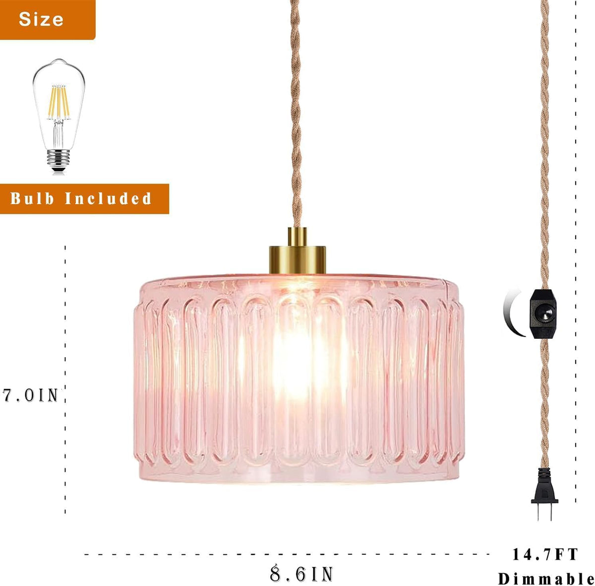 Pink Plug in Pendant Light Glass Hanging Lights with Plug in Cord Boho Hanging Lamp Gold Mid Century Modern Vintage Dimmable Flower Plug in Chandelier Ceiling Fixture for Living Room (Pendant Light-20)