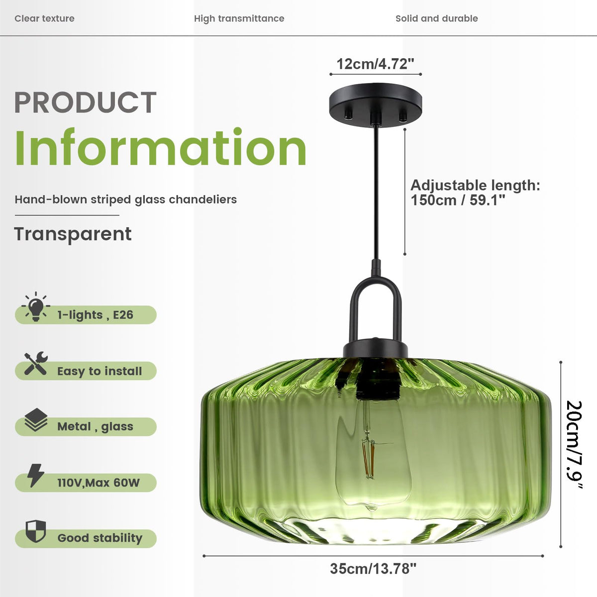 Modern Hanging Light Green Pendant Light Fixture Mid Century 1 (13.7″Green)