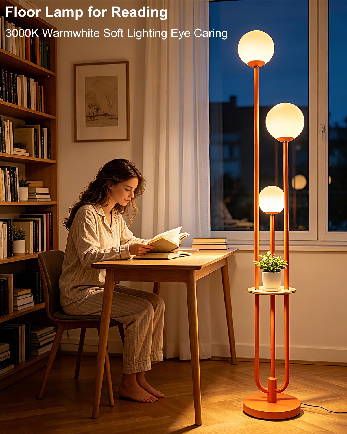 Dimmable 3 Light Globe Floor Lamp with Storage Shelf (Orange-3UE)