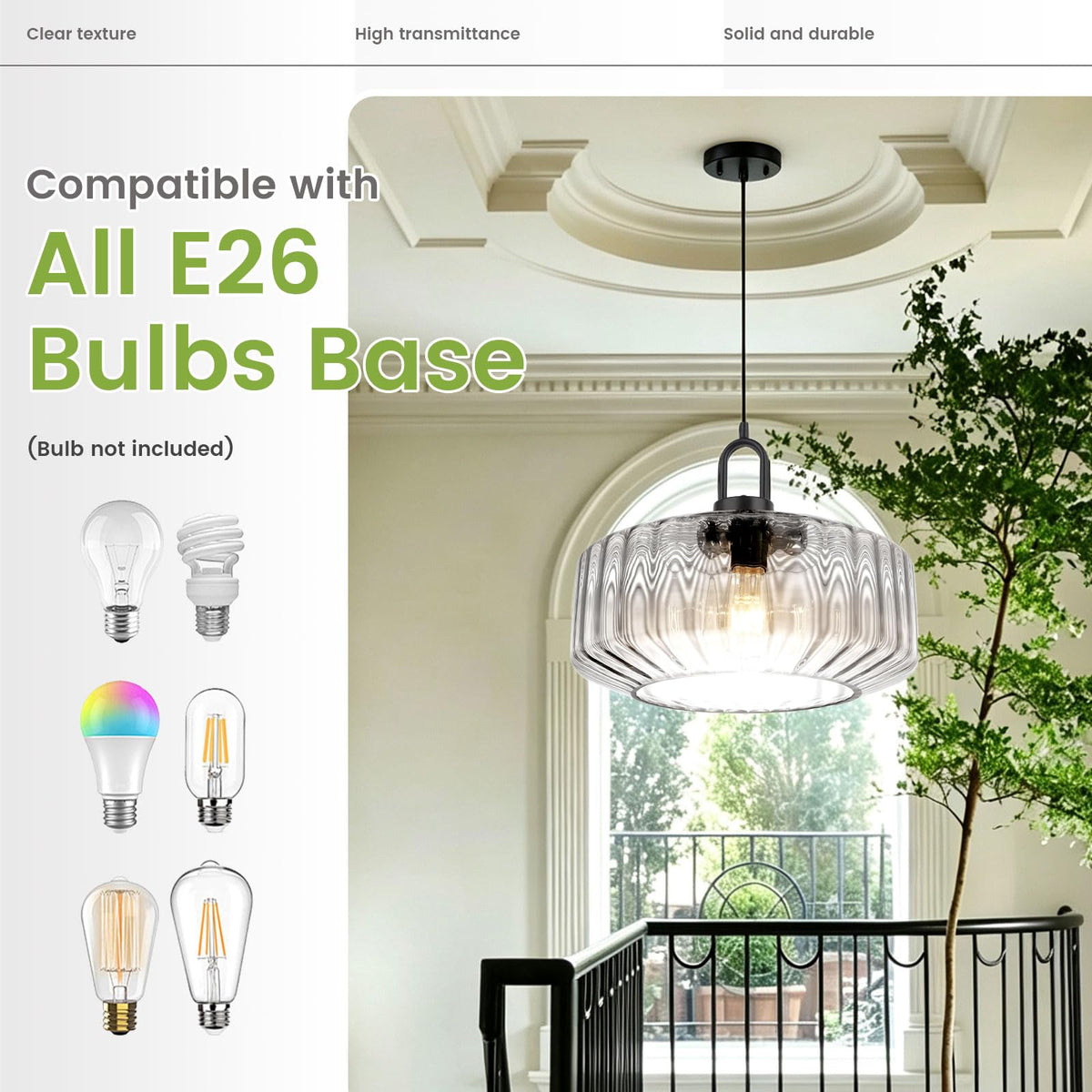 Clear Ribbed Large Glass Pendant Light Black 13.78″ light fixture (13.7″Clear)
