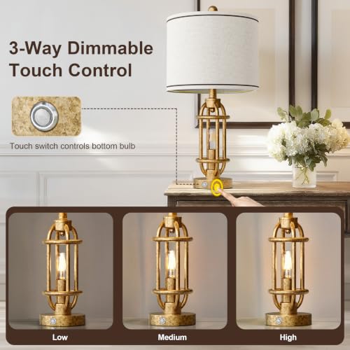23.75'' Table Lamps Set of 2 for Living Room Bedroom Industrial Farmhouse Metal Touch Lamps with USB A+C Ports (23.75'' Champagne Gold - Set of 2)