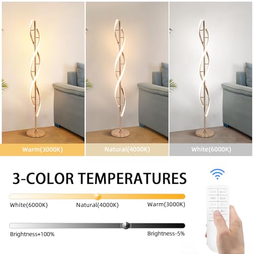 40W LED Floor Lamp Remote Control Dimmable Spiral Floor Lamp Indoor Tall Lamp Floor Lamps for Living Rooms Family Rooms Bedrooms Offices Lighting (Gold B)