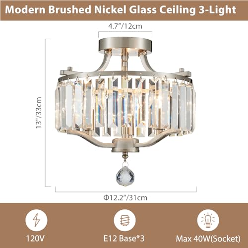 Brushed Nickel Crystal Semi Flush Mount Ceiling Light Fixture Modern Farmhouse Small Chandelier 3 (055-Brushed Nickel)