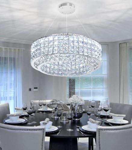 LED Chandeliers for Dining Room LED Dimmable Pendant Lights for Kitchen Island Crystal Adjustable Chandelier for Bedroom Hallway Entrance 16" Gold Light (Silver / Round 20")