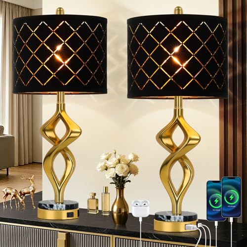 28.5’’ Gold Modern Sculptural Bedside Table Lamps Set of 2 for Living Room (Black)
