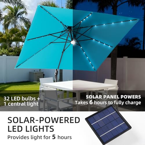 9x9 FT Cantilever Offset Patio Umbrella with Lights (Turquoise)