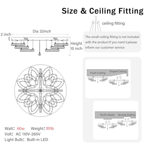 Modern Ceiling Crystal Chandelier Living room Semi Flush Mount Chandelier (Black / Dia 32")