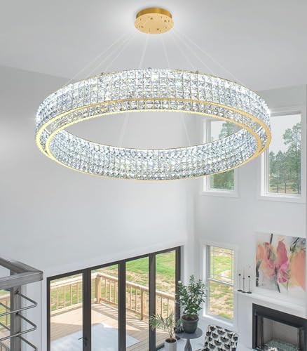 W47 Modern Chandeliers for Living Room LED Dimmable Pendant Lighting High Ceiling Chandelier for Dining Room Foyer Hallway Crystal Rectangle Light Fixtures Gold (Gold / Round 47")