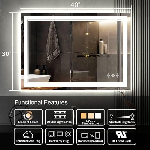 Lighted Bathroom Mirror (Front and Backlit / 40"L x 30"W)