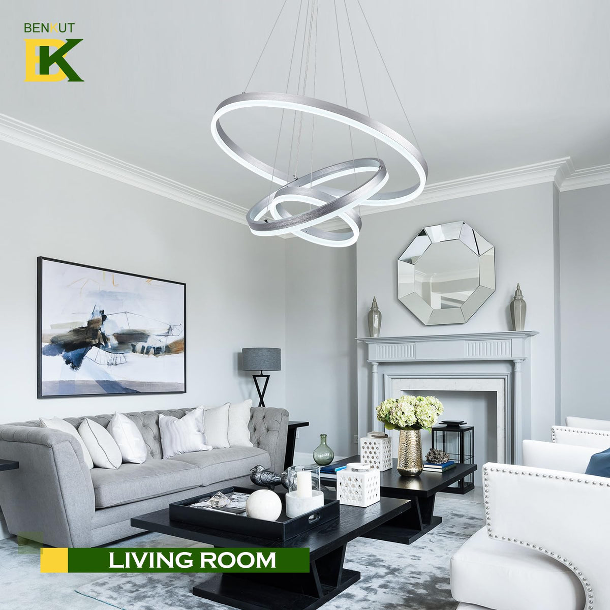 3 Rings Modern LED Chandelier Silver LED Pendant Light with Remote (3 Ring Circular D23.6in / Silver)
