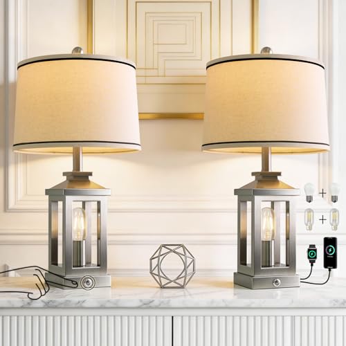 Modern Table Lamps Set of 2 for Living Room 23.75" Bedroom Nightstand Lamps (Silver)