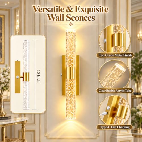 15 Inch Battery Operated Wall Sconces Set of two with 5000mAh Battery (Gold -15-5000)