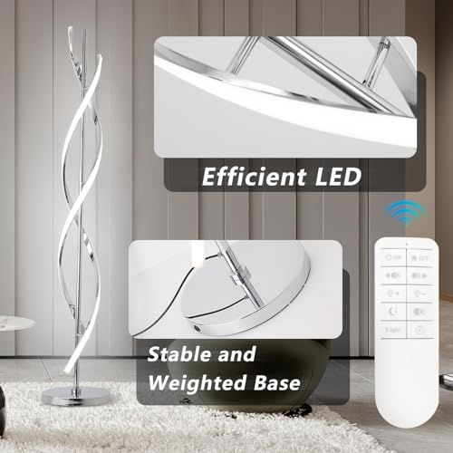 40W LED Modern Floor Lamp Remote Control Dimmable Spiral Floor Lamp Indoor Tall Lamp Floor Lamps for Living Rooms Family Rooms Bedrooms Offices Lighting (Silver A)