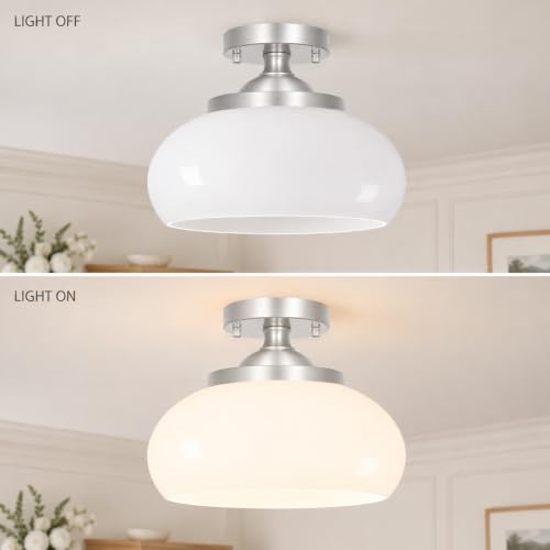 Brushed Nickel Semi Flush Mount Ceiling Light (Nickel & White Glass / 12in)
