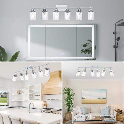 6 Light Track Lighting Kit Chrome Tracking Lights Fixture Ceiling Vanity Light with Seeded Glass Track Lighting Heads (Chrome / 6-Light)