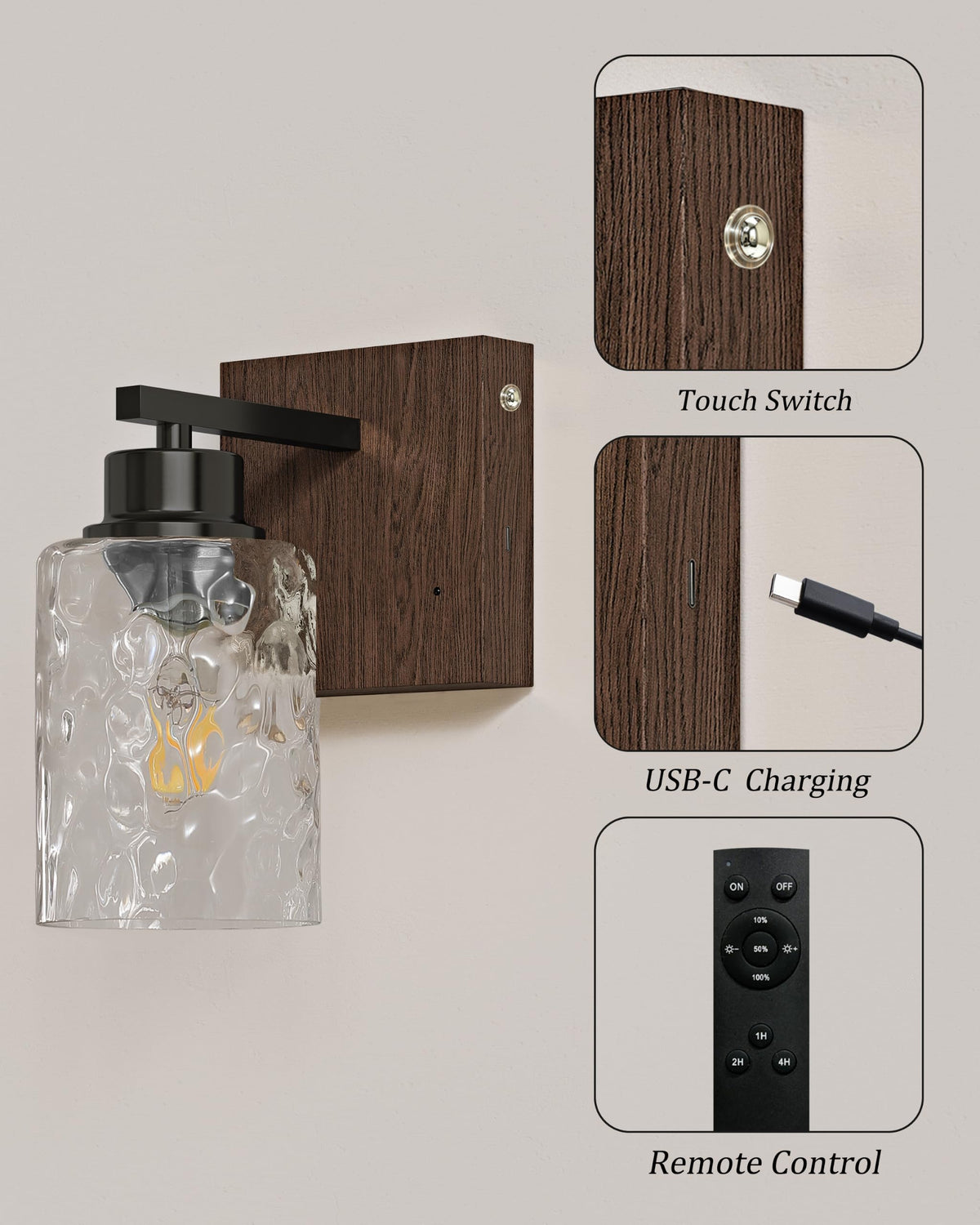 Hammered Glass Battery Operated Wall Sconces Set of Two Black & Walnut (Black Walnut & Hammered Shade)