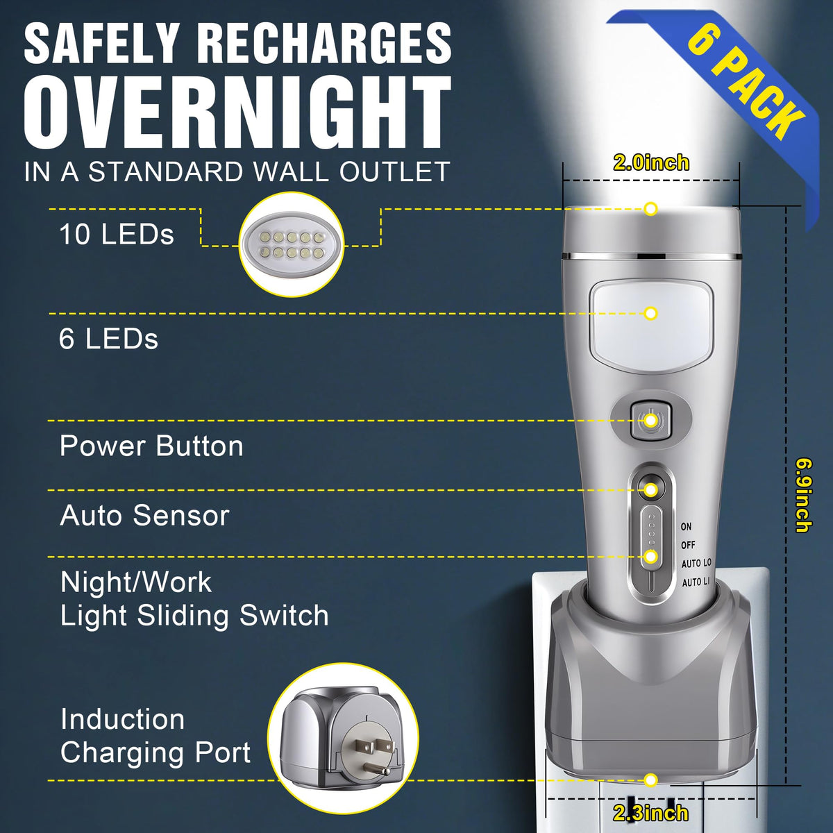 6 Pack Rechargeable Emergency Light with Auto On Power Outage (Silver)