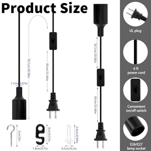 12 Pcs Hanging Light Cord with Switch 6 Feet Light Bulb Socket Cable Lamp Kit Black Pendant Socket Extension for E26 E27 Lamp Socket Lantern