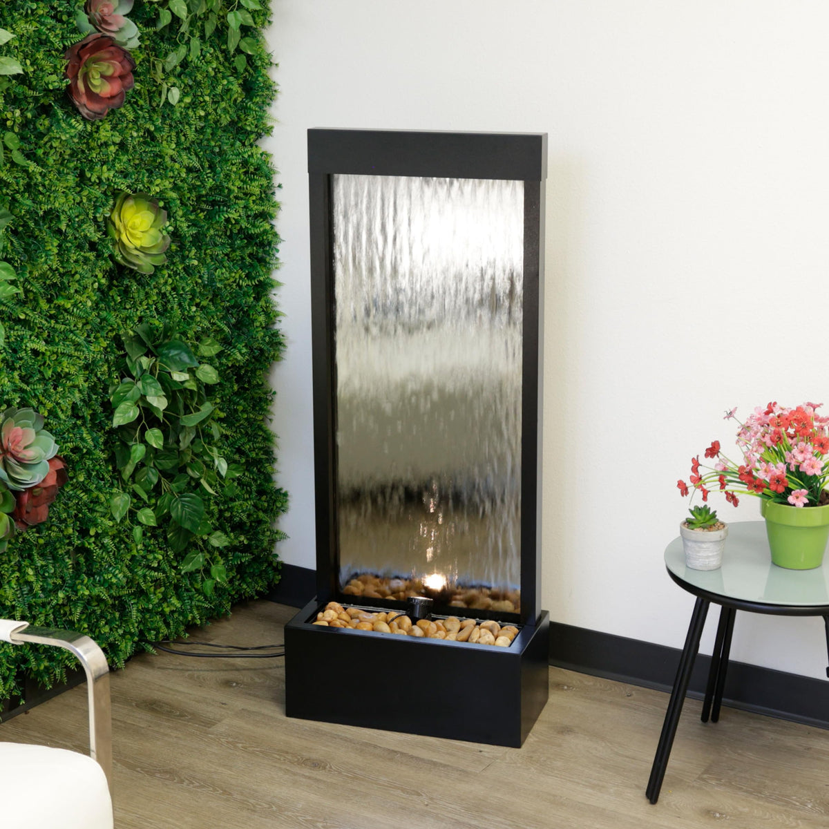 Mirror Waterfall Fountain with Stones & Lights (48 Inches - Silver)