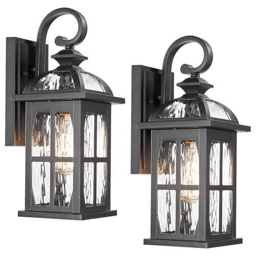 Outdoor Wall Light Exterior Light Fixture with Water Ripple Glass (Black-Water Ripple Glass / Medium-2 Pack)