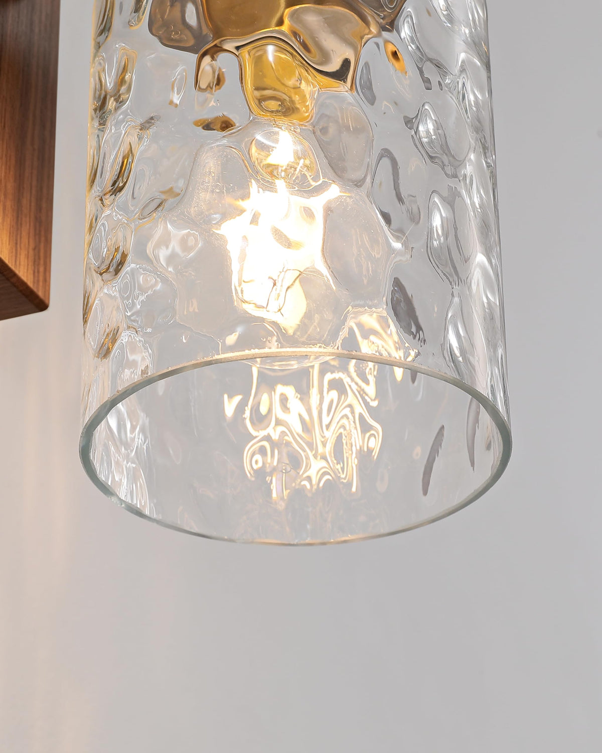 Hammered Glass Battery Operated Wall Sconces Set of Two Gold & Walnut (Gold Walnut(Clear Hammered Lampshades))