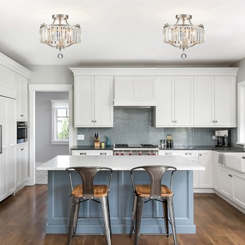 Brushed Nickel Crystal Semi Flush Mount Ceiling Light Fixture Modern Farmhouse Small Chandelier 3 (055-Brushed Nickel)