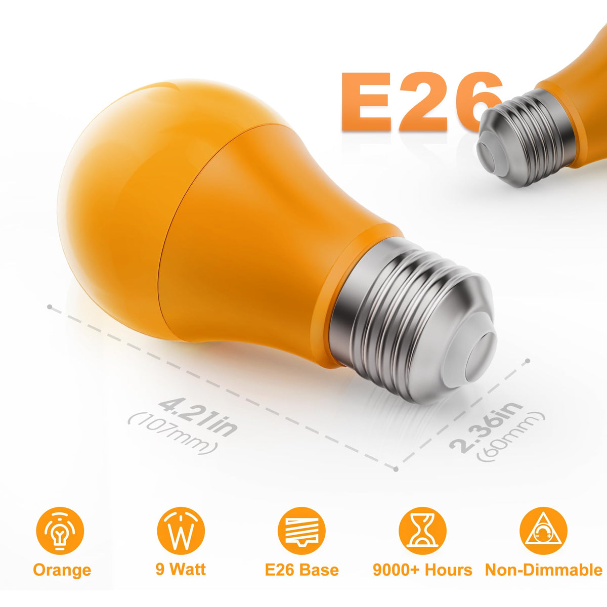 Orange Light Bulbs [4 Pack] A19 LED Orange Bulb Outdoor Halloween (Orange)
