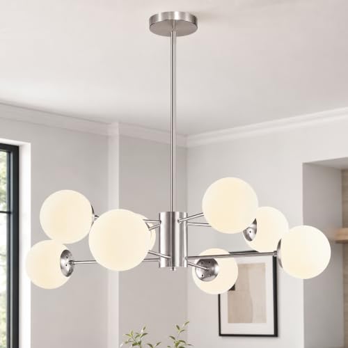 8-Light Mid-Century Modern Nickel Sputnik Chandeliers Dining Room (Milk, Nickel, L)