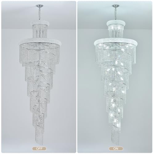 34 Light Extra Large Long Spiral Crystal Chandelier for High Ceiling Foyer Entryway Living Room Staircase Chrome Finish 86'' H X 32'' W X 32'' D (Chrome / 86'' H X 32'' W X 32'' D)