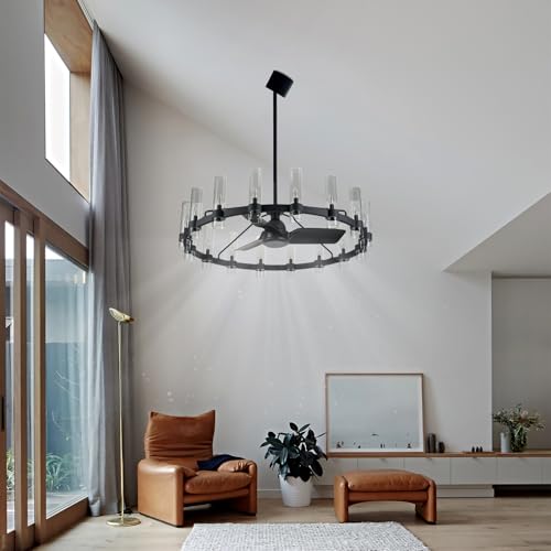 Black Ceiling Fans with 16 Lights Wagon Wheel Chandelier (Black 48"16light)