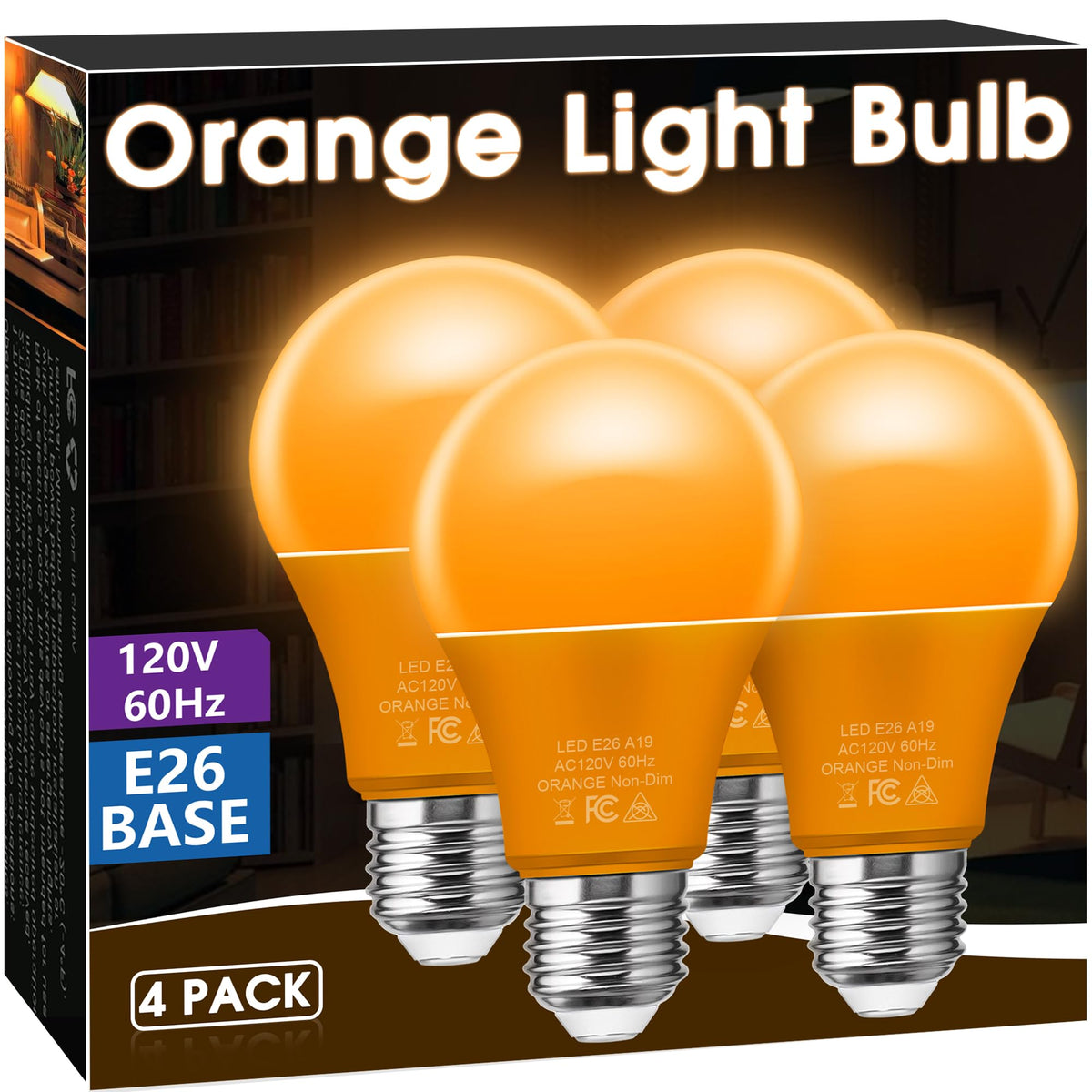Orange Light Bulbs [4 Pack] A19 LED Orange Bulb Outdoor Halloween (Orange)