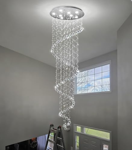 W24 x H78 Inches Crystal Glam Chandelier Long Light Chandeliers with Dimmable Light Bulbs Silver High Ceiling Pendants Light Fixtures for Foyer Entryway Living Room Stair (Silver / Spiral W24" X 78")