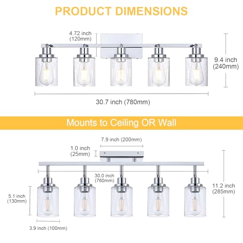 5 Light Chrome Track Light Fixture Ceiling Track Lighting Kit with Seeded Glass Track Lighting Heads Ceiling Vanity Light (Chrome / 5-Light)