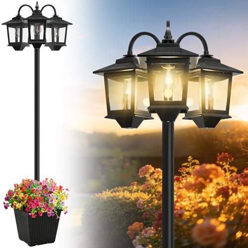3 Head Solar Lamp Post with Planter (Black / Clear Frame)