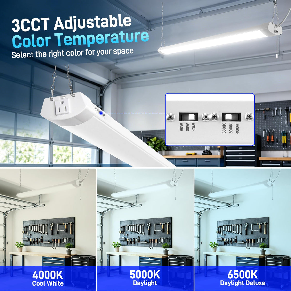 12000LM 4FT LED Shop Light with Pull Chain (White / 60W/80W/100W)