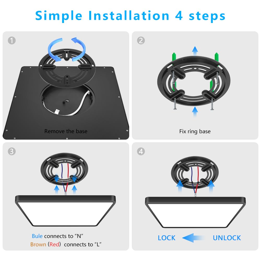 12Inch 24W Square LED Ceiling Light Fixtures Flush Mount (Natural White / 12 inch Black)