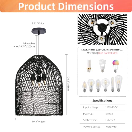 3 Light Rattan Woven Bell Pendant Light for Dining Room Black (Black / 3-Light / 20.8″H)
