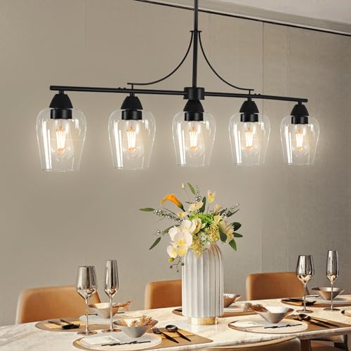 Chandeliers for Dining Room Black Dining Room Light Fixture Height Adjustable Linear Pendant Light with Clear Glass Lampshade