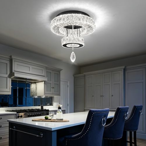 Crystal Chandelier Modern Dimmable LED Crystal Ceiling Light Ring Flush Mount Ceiling Light Fixtures with Remote Control for Living Room Dining Room Bedroom Entryway