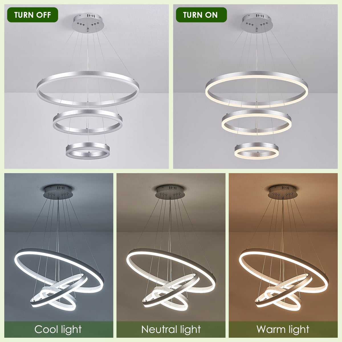 3 Rings Modern LED Chandelier Silver LED Pendant Light with Remote (3 Ring Circular D23.6in / Silver)