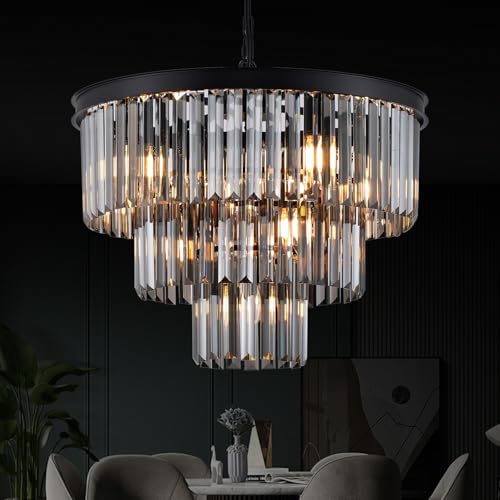 Smoke Gray Crystal Chandeliers 7 Lights 20" Black Round Chandelier (Black+Smoke Gray / Small-20”)