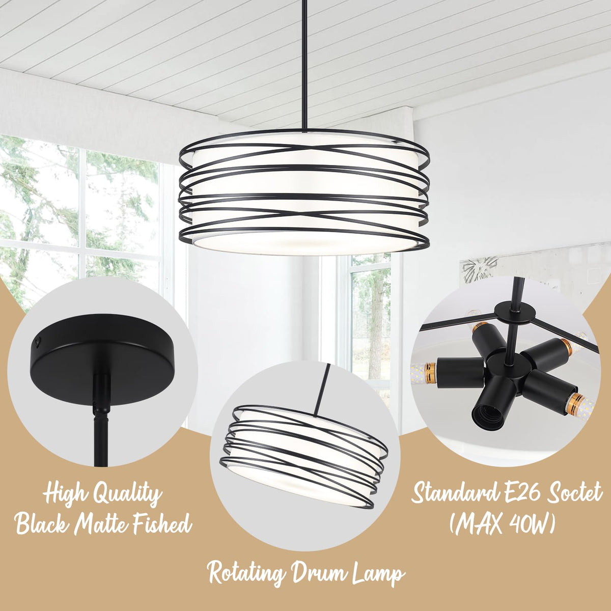 19.7'' 5 Light Black Drum Chandelier Black and White Modern Light Fixtures (Black / 19.7‘’)