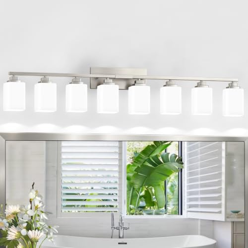 Brushed Nickel Bathroom Light Fixtures (Nickel-White Shade / 8-Light)