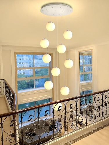LED Staircase Chandelier Glass Globe Pendant Light Chrome Large Chandeliers for High Ceiling (Silver-White / Globe 10-Light)