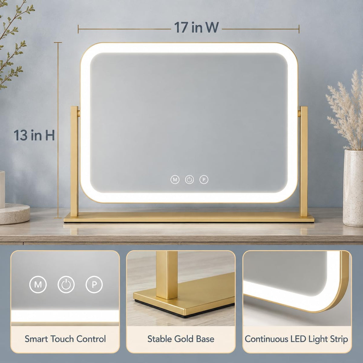 Vanity Mirror with Lights 17''x13'' Makeup Mirror with Lights (Gold / 17"L x 13"W)