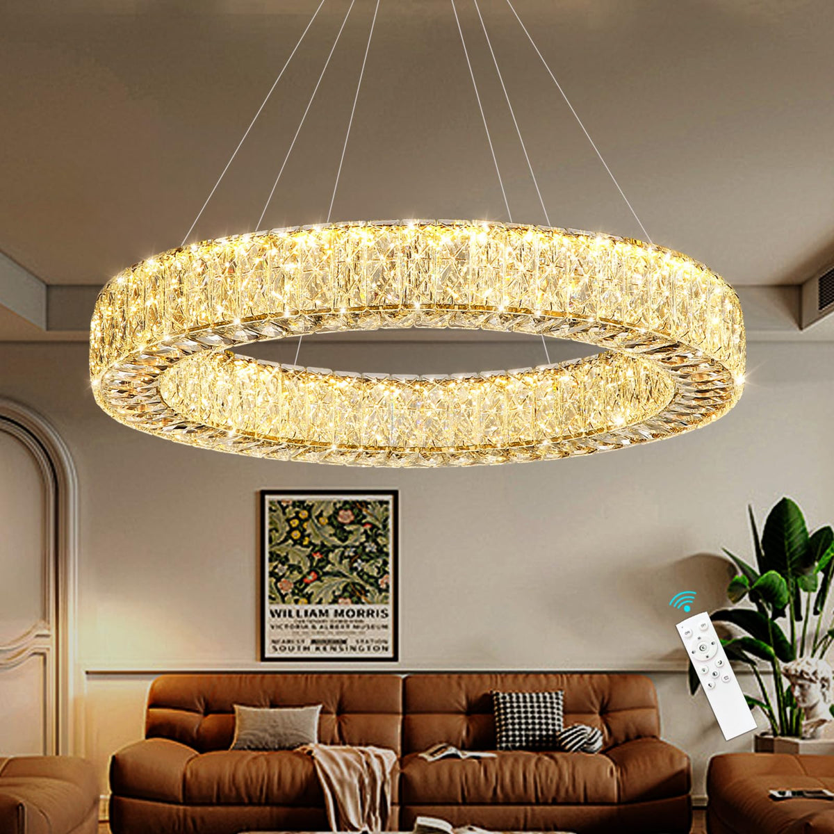 32 Inch Chandelier Glam Dimmable LED Crystal Chandeliers Luxury Round Pendant Lighting Fixtures for Dining Room Bedrooms Gold (Gold / Ring 32")